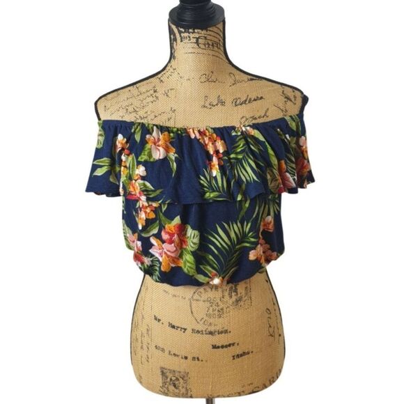 Papaya Womens Off-Shoulder Crop Top M Floral Ruffle Tropical Resort Hawaiian - Picture 1 of 6